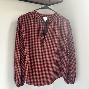 A New Day Orange and Black Checkered V-Neck Balloon Sleeve Blouse